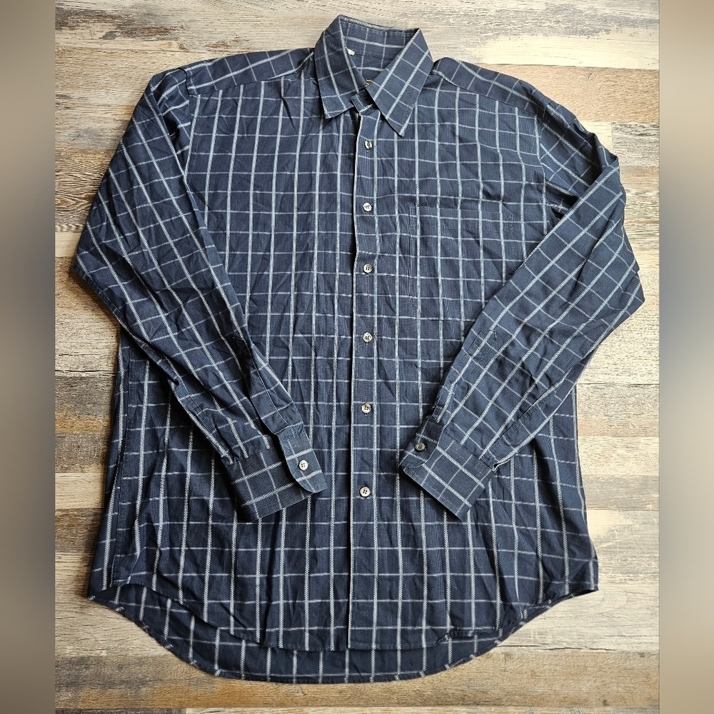Corneliani Men's Button Down Shirt Navy Blue Plaid Medium